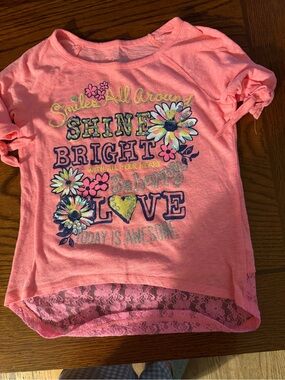 Justice Coral Pink Graphic Tee with Floral Shine